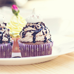 Chocolate Cupcake with chocolate frosting on the table