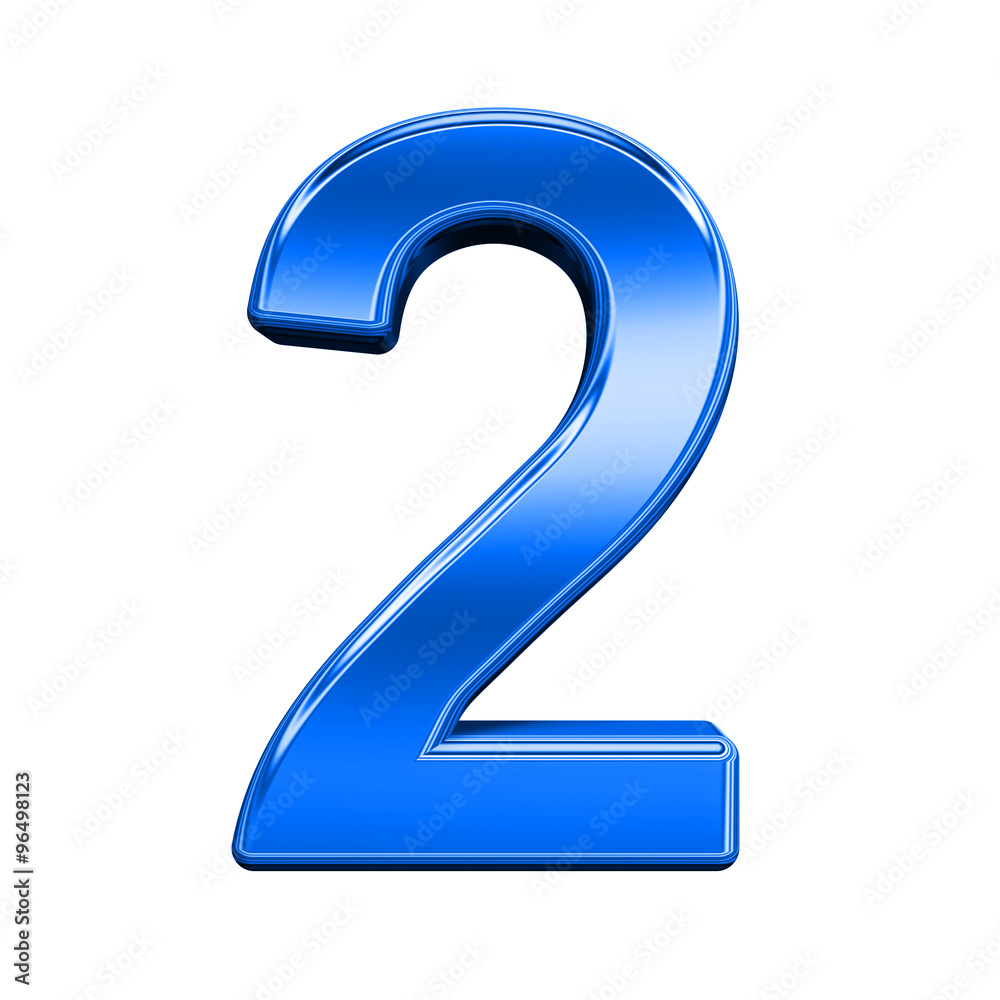 Fototapete one digit from shiny blue alphabet set, isolated on white. computer generated 3d photo rendering.