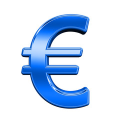 Obraz premium Euro sign from shiny blue alphabet set, isolated on white. Computer generated 3D photo rendering.