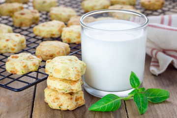 Fresh baked cheese cookies with basil, closeup