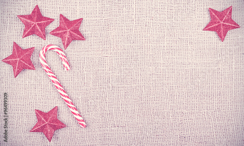 &quot;Vintage toned christmas background on jute, space for text&quot; Stockfotos