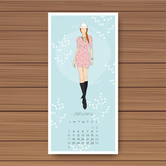 January. Hand drawn fashion models calendar 2016.Vector illustra