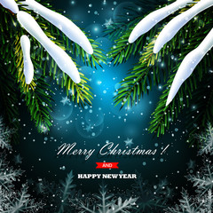 Christmas greeting card with branches and snowflakes.