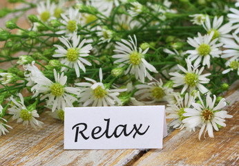 Relax card with fresh chamomile flowers on rustic wooden surface
