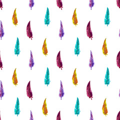 Seamless pattern of hand-painted watercolor multicolored feathers on a white background