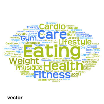 Vector concept or conceptual abstract health diet or sport word cloud or wordcloud isolated on white background