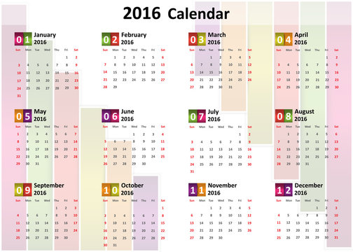 2016 Calendar, Colorful Abstract Block 2016 Calendar, Vector Illustration.
