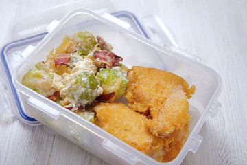 Lunch box with russel sprout casserole and fried chicken