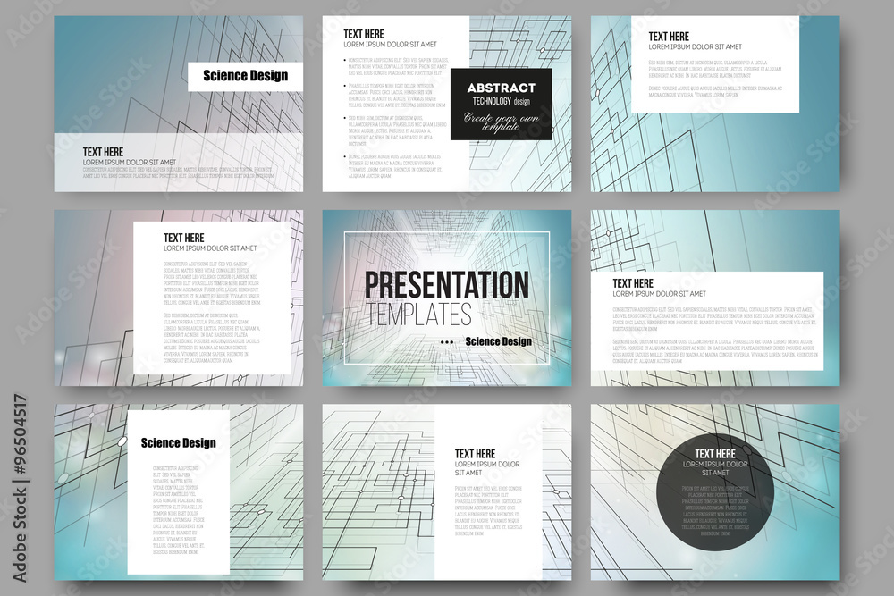 Wall mural set of 9 templates for presentation slides. abstract vector background, digital technologies, cyber 