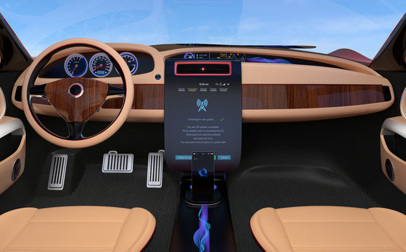 Update vehicle software just touch car's center console screen. Concept for new software solution for automobile. 