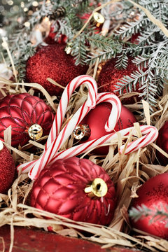 Candy Canes and Red Christmas Ornaments