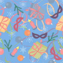 Fototapeta na wymiar Seamless Christmas pattern with gifts and Christmas decorations.