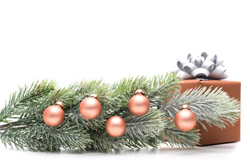 Fototapeta na wymiar Decorated fir branch and gift box
