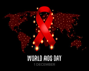 Red ribbon of aids awareness with text for 1st December World Aids Day. World map. Isolated vector illustration.