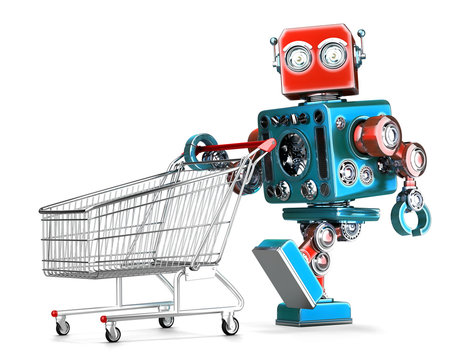Retro robot with shopping cart. Isolated. Contains clipping path