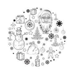 Santa claus, presents, snowman, christmas tree,