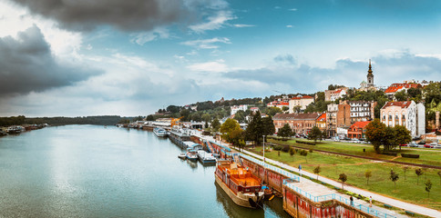 Panorama of Belgrade with Sava river. Color tone tuned - obrazy, fototapety, plakaty