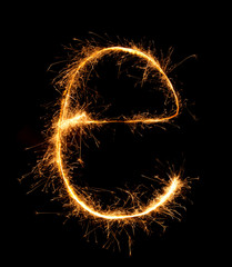 Sparkler firework light alphabet e (Small Letters) at night