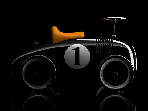 Black retro toy car number one isolated on black background