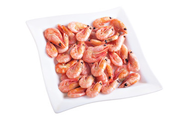 Shrimps on a square dish, isolated on white