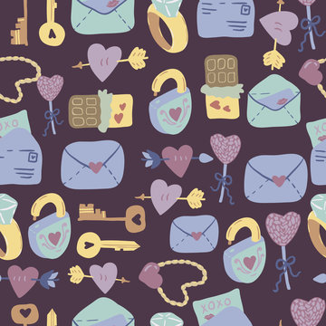 Love Letter seamless vector pattern with adorable sweets, letters, keys and hearts. Hand drawn texture for fabrics, paper and web. St.Valentines Day.