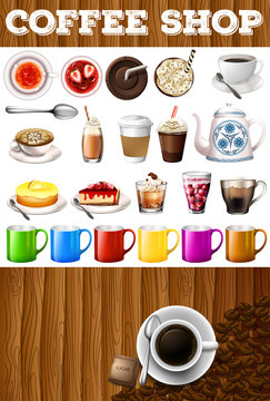 Different kind of drinks and desserts in coffee shop