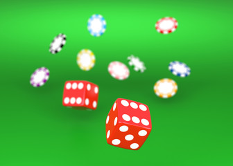 Rolling red dice on a casino table with chips