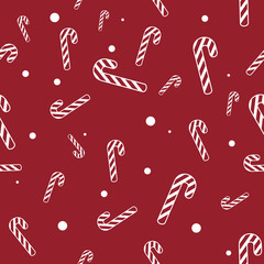 Christmas Seamless Pattern. Candy Canes With Snow on Red Background. Vector illustration.
