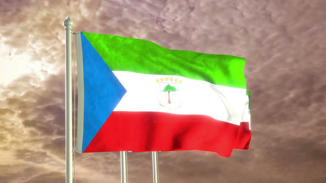 Three flags of Equatorial Guinea waving in the wind (4K high detailed 3D render) with a dramatic sky in the background