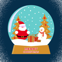 Merry Christmas glass ball with Santa and snowman. Vector illustration.