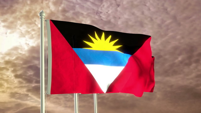 Three flags of Antigua and Barbuda waving in the wind (4K high detailed 3D render) with a dramatic sky in the background