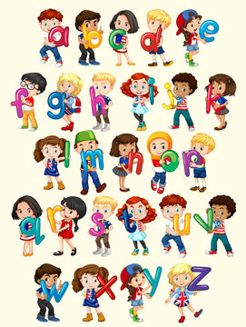 Boys and girls with English alphabet
