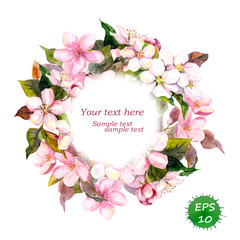 Floral round wreath with pink flowers for elegant vintage and fashion design. Watercolor vector