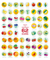 Collection of 62 round icons, fruit and vegetable symbols with names. Symbols of healthy nutrition and lifestyle.