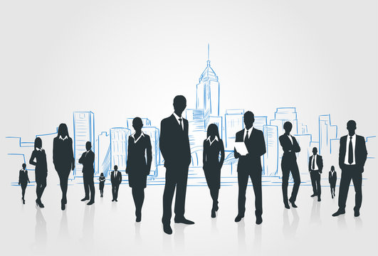 Business People Group Silhouettes Businesspeople Over City