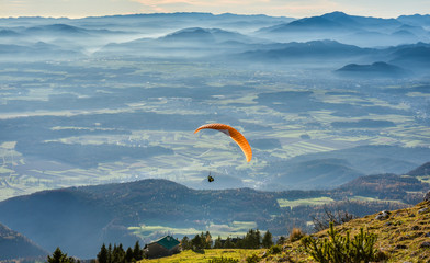 Paraglider is flying in the valley