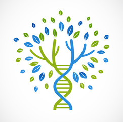 DNA, genetic icon - tree with green leaves