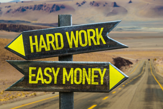 Hard Work - Easy Money signpost in a desert road on background