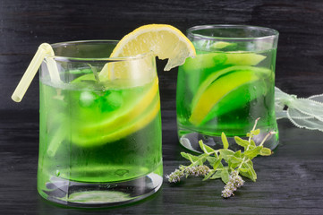 Homemade mojito in a glass on and fresh mint plant
