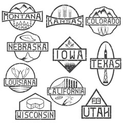 grunge labels of states and landmarks of usa