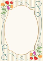 Fototapeta na wymiar Vintage template for announcement, invitation, flyer, poster with soft tender floral motif on striped background. Frame for own text message.