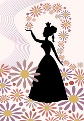 Silhouette of a lady with royal crown, throwing flowers over her head. Romantic spring motif with queen of spring in tender pink and purple. Beautiful decoration for spring design