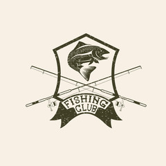 grunge fishing club crest with trout