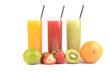 Fresh fruit juices on white