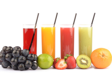 Fresh fruit juices on white