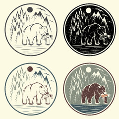 set of vintage grunge adventure labels with bear,salmon and moun