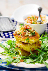 potato fritters with a green salad