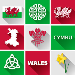 Wales Glossy Icon Set.
Set of vector graphic flat icons representing symbols and landmarks of Wales.
