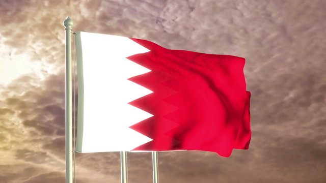 Three flags of Bahrain waving in the wind (4K high detailed 3D render) with a dramatic sky in the background