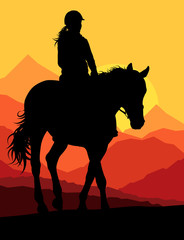 Horse with rider countryside landscape equestrian sport vector b